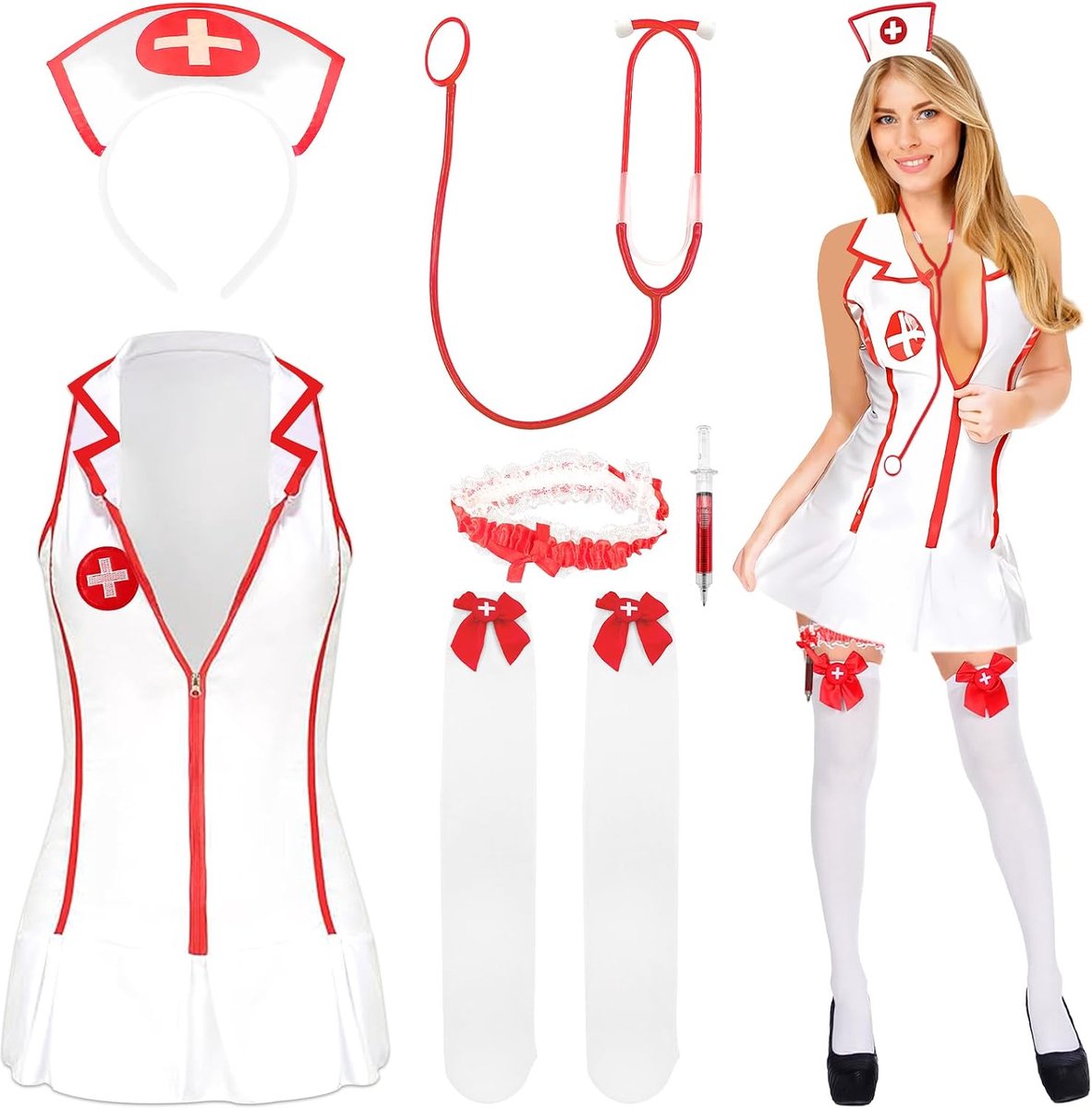 Verpleegsterkostuum voor dames, verpleegsteraccessoireset, kostuum, carnaval, verpleegster, verpleegster, cosplay-set, kniekousen, haarband, Halloween, carnaval