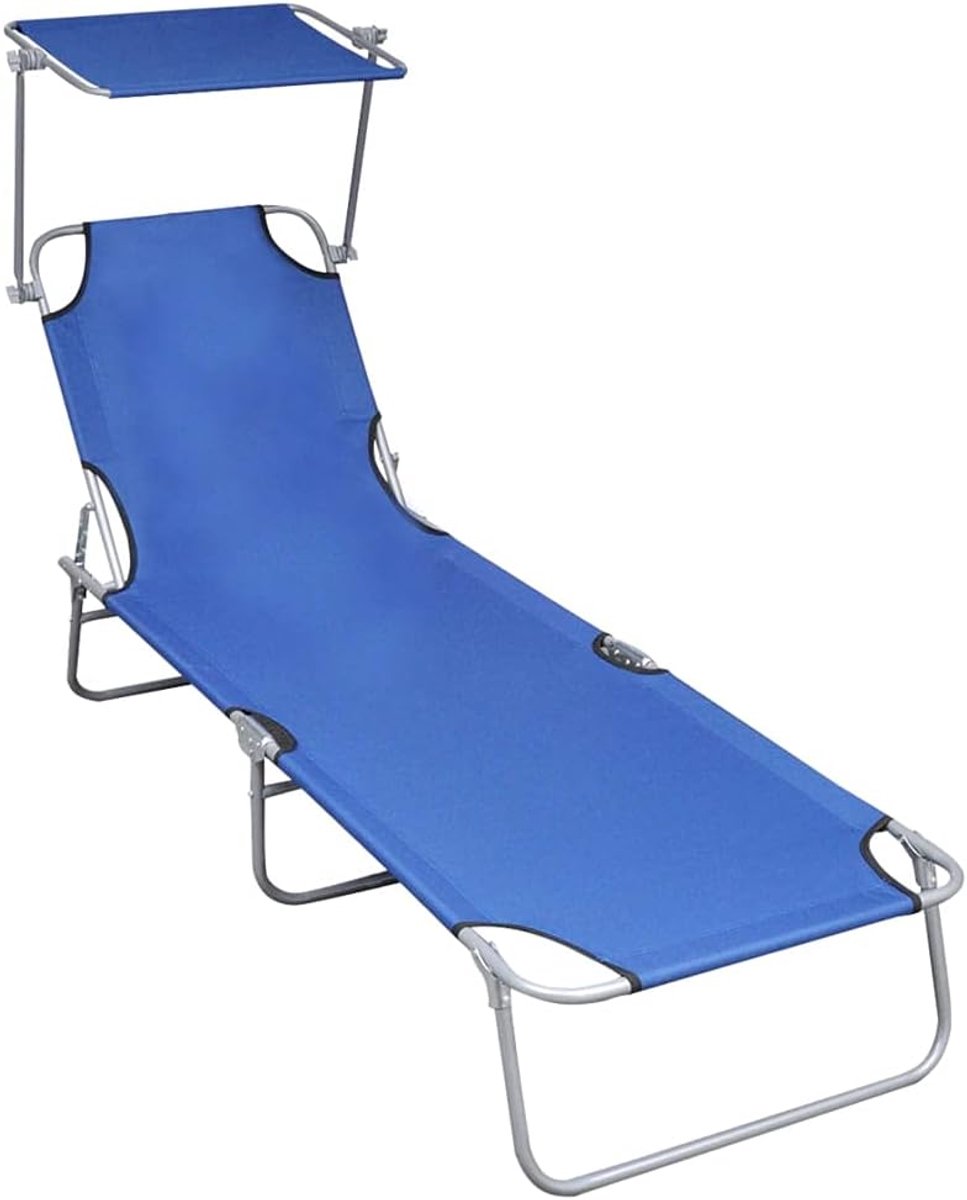 Opvouwbare ligstoel met zonnedak, strandstoel met verstelbare rugleuning, voor terras, tuin, park, aluminium, blauw