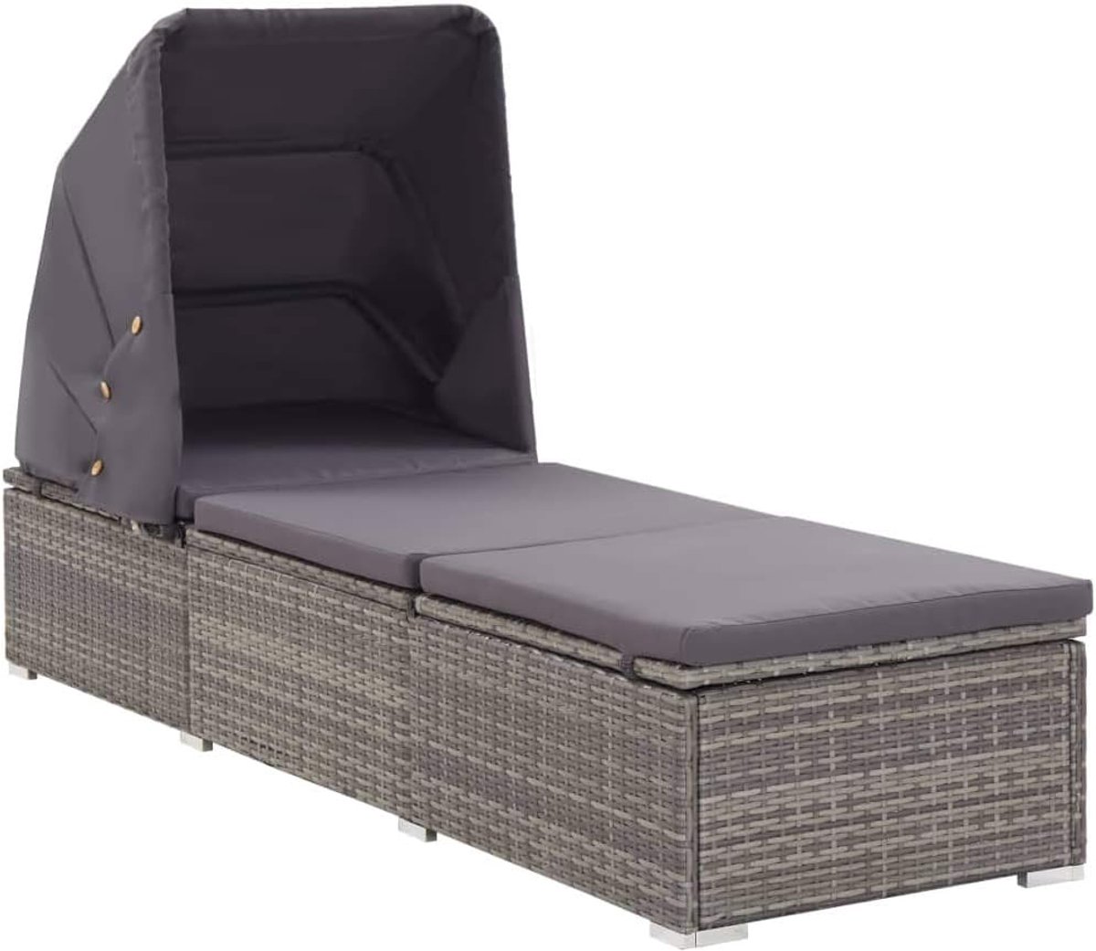 Zonneligstoel met kap en kussens, rotan, chaise longue, bank met afdekking voor buiten, tuin, terras, rotan, kunststof, grijs