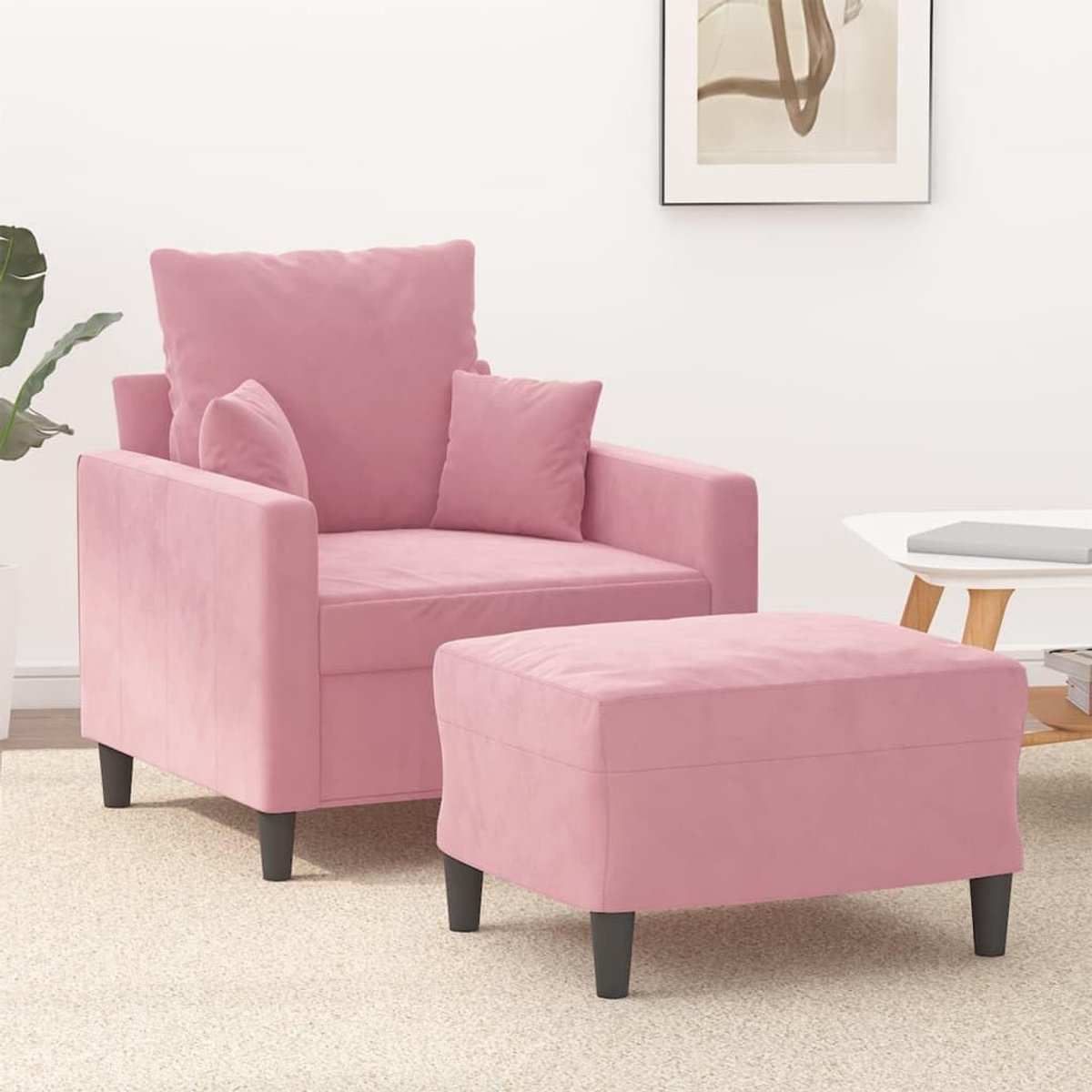 Fauteuil met kruk roze 60 cm fluwelen gestoffeerde stoel relaxstoel met dik gevoerde zitting en voetenbank voor woonkamer comfort