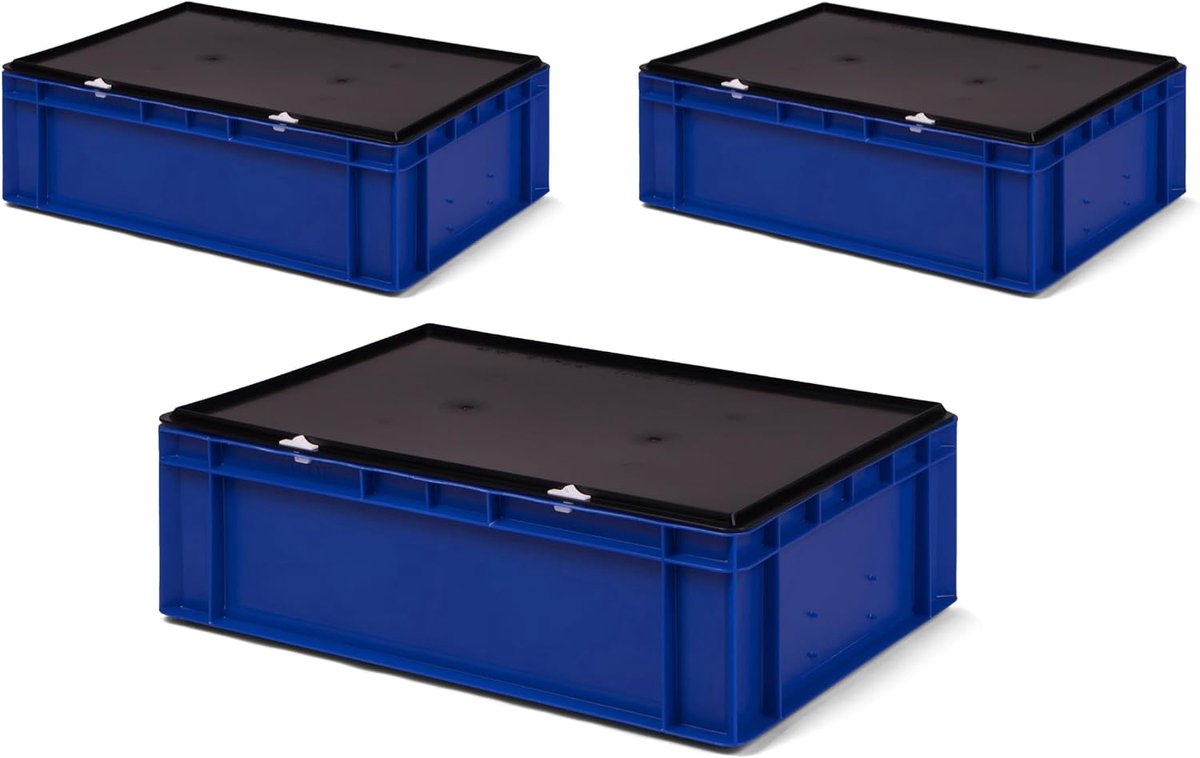 4 stuks TK617-VD, Transportstapelbak blauw met zwart afsluitdeksel, 600x400x186/175 mm (LxBxH), volume 33 liter, draagvermogen 45 kg, voedselveilige industriekwaliteit van PP