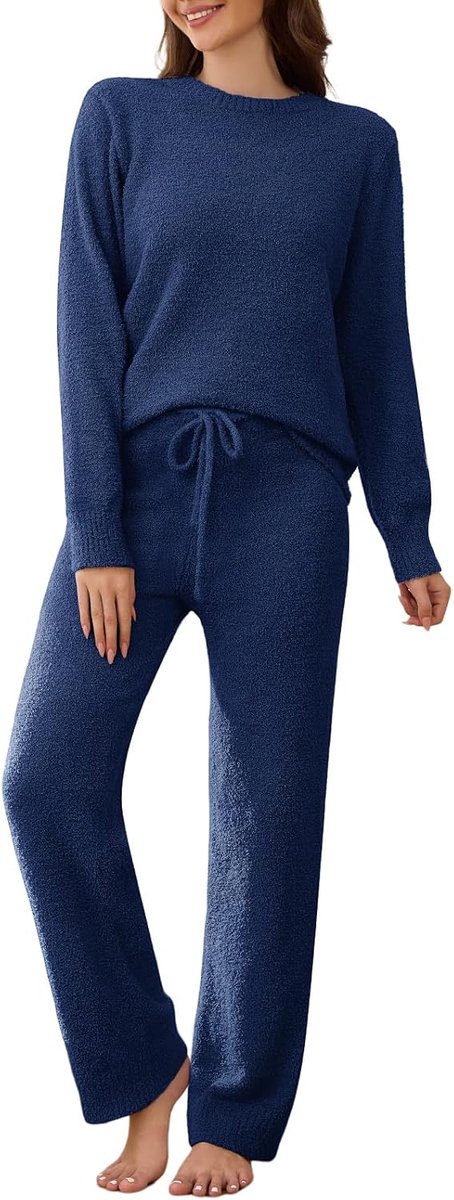 pyjama sets winter 2-delige fleece pyjama gebreide Co Ord trainingspak set dames loungewear lange mouw pluche outfit nachtkleding ronde hals pullover top trekkoord broek