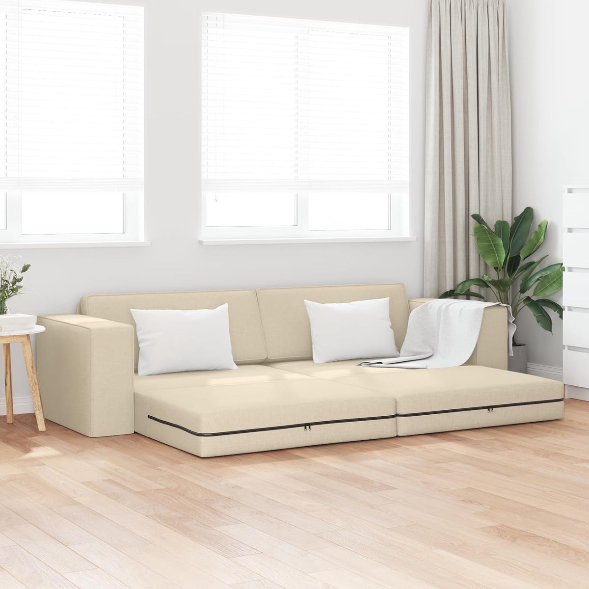 Bed, 2-in-1 crème, 245 x 150 x 60,5 cm, stof, modern dagbed, afneembare hoezen, ruim slaapmeubel, flexibel logeerbed, veelzijdig loungemeubel, elegant design