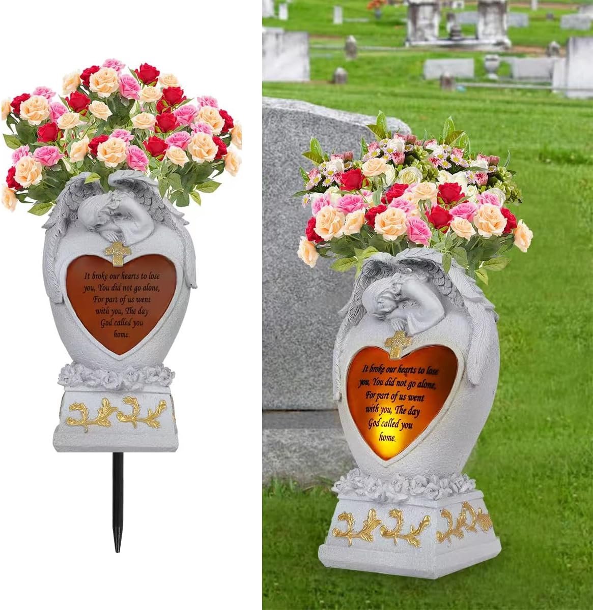 Beelden Outdoor Decor, Begraafplaats vazen voor Graf, Decoratie voor Graven, Begraafplaats vaas met led, Familie Tuin Memorial Standbeeld Begrafenis Gift, Engelen Zonneverlichting