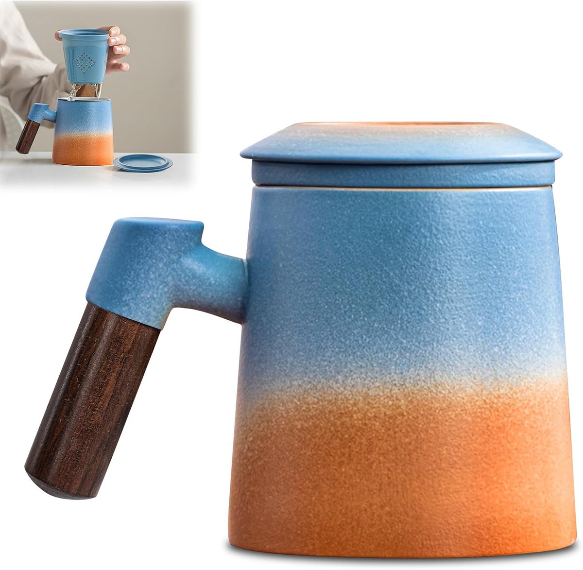 Theemok met deksel en zeef, 420 ml theekopje met theezeef en deksel, houten handvat, keramische theekopjes, theekopje met zeef, blauw