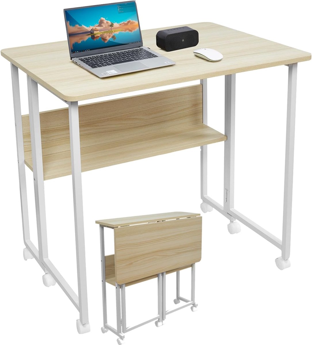 Bureau inklapbaar, klapbureau met wieltjes, kleine inklapbare computertafel met plank, bijzettafel, klaptafel voor thuiskantoor, industrieel design, eiken, 80 x 58 x 75 cm