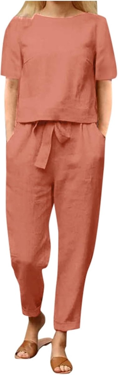 Set van top en broek voor dames, vrijetijdskleding, badstof top en lange shorts, ademend, absorberend, zacht, spa, thuis, vakantie, zomer, A33