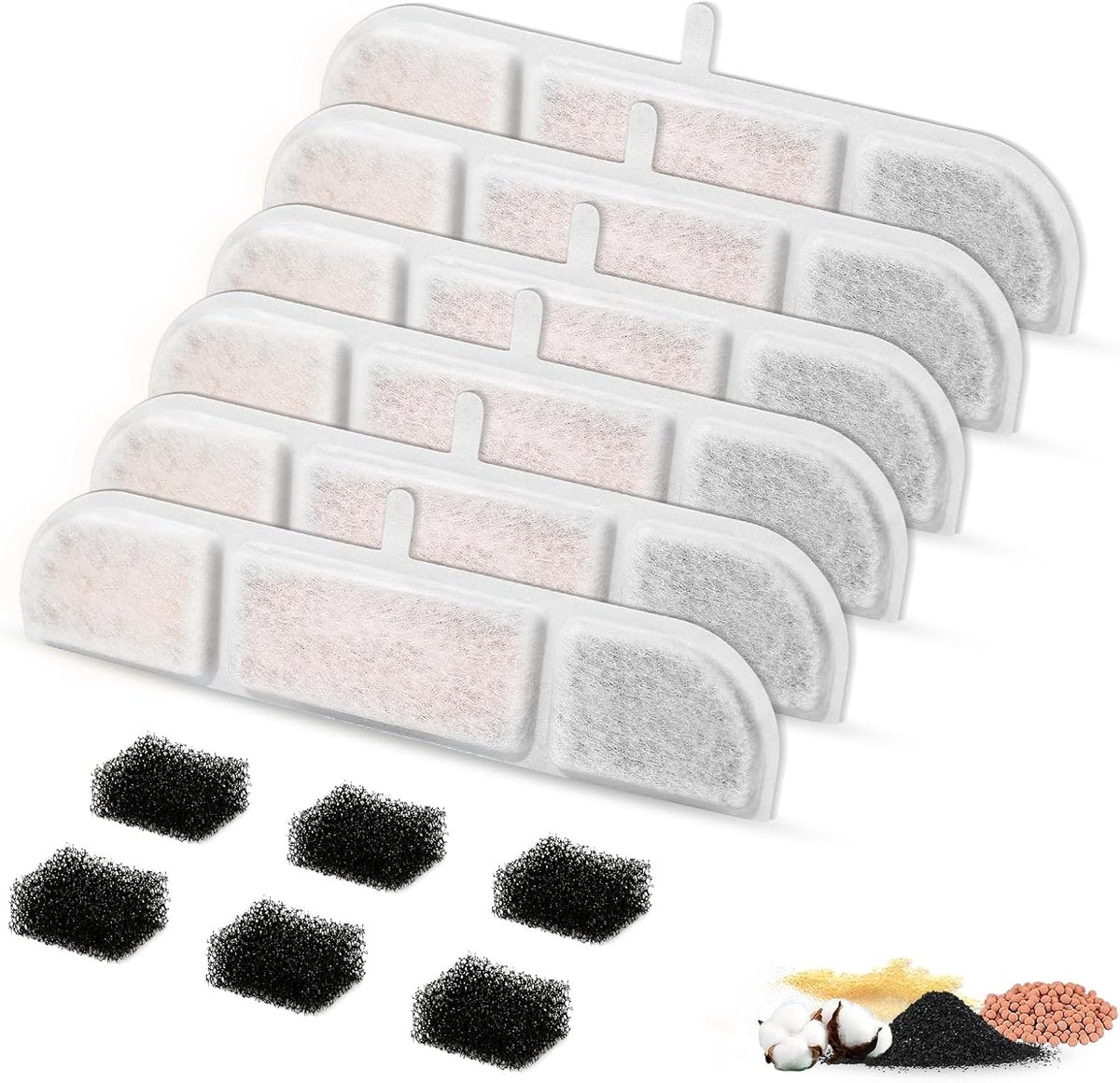 6 stuks filters voor kattenfontein en 6 stuks sponzen en actieve kool lonenwisselhars voor 2,5 l drinkfontein voor katten draadloos (DPWFP6)