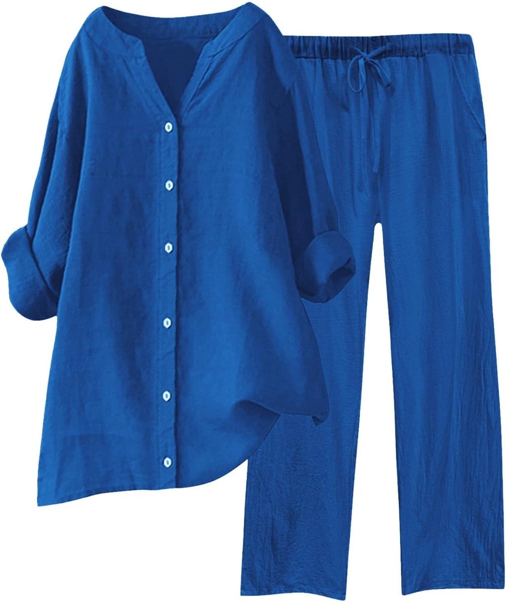 2-delige set voor dames, katoen, top en broek, trui en broek, lange mouwen, zacht, warm, comfort, thuis, ontspanning, gezellig A161
