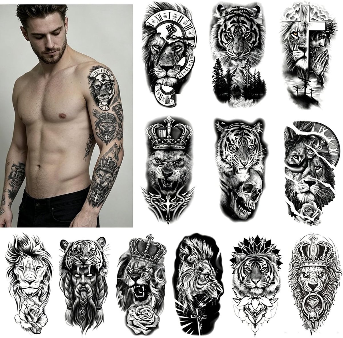 Tijdelijke tatoeages voor volwassenen, halve mouwen, tribal nep tatoeages, set realistische tijger, leeuw, doodshoofd, stickers, waterdicht, lang houdend, voor mannen en vrouwen