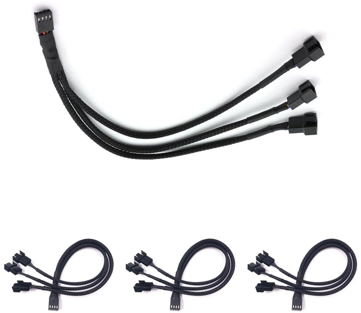 Set van 4 3-weg 4-pins PWM-ventilatorsplitterkabel - 30 cm voor het aansluiten van drie PWM-ventilatoren van je pc-behuizing of CPU-koeler