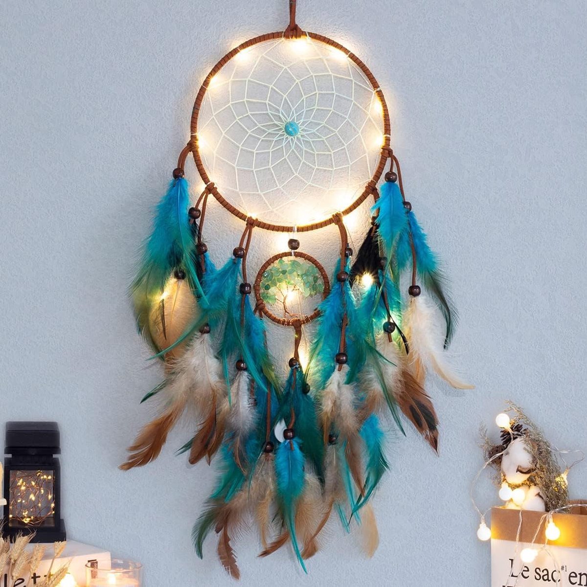 Dreamcatcher met licht, led-dromenvanger voor kinderen, Indiase wanddecoratie, handgemaakte veer, dromenvanger voor kinderkamer, slaapkamer, cadeau voor meisjes en jongens