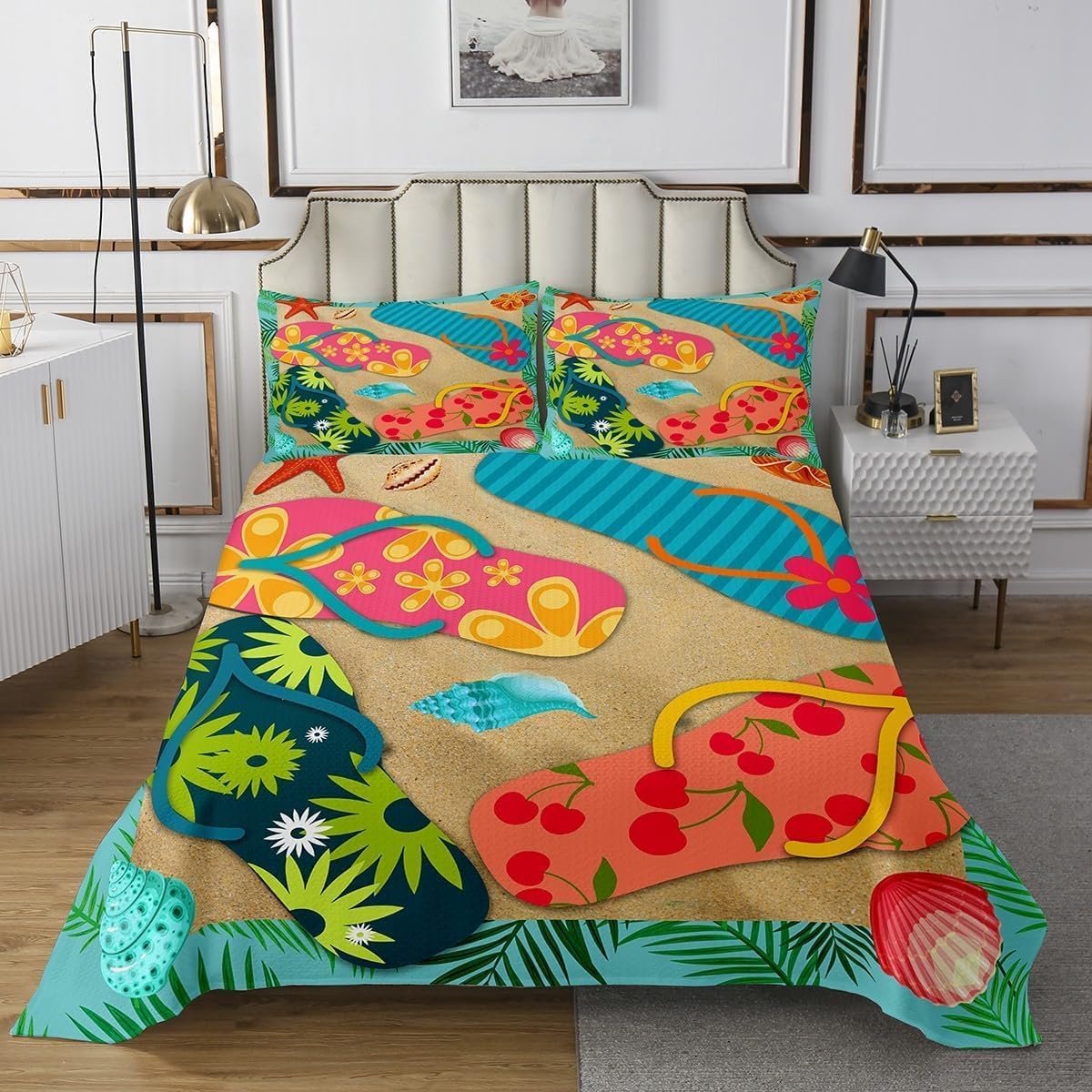 Strandschoenen dekbed met 2 kussenschalen schelp sterrenpatroon Coverlet M maat Golden Beach vakantiestijl aan zee beddengoed quilted