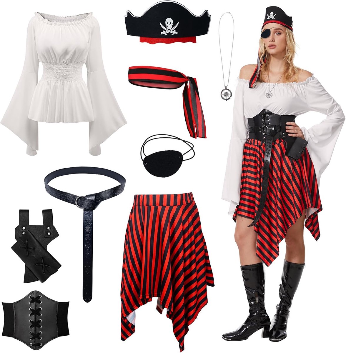 8 stuks piratenkostuum dames Halloween rompers jurk shirt bandana korset tailleriem oogklep renaissance korset jurk geschikt piratencosplay outfit