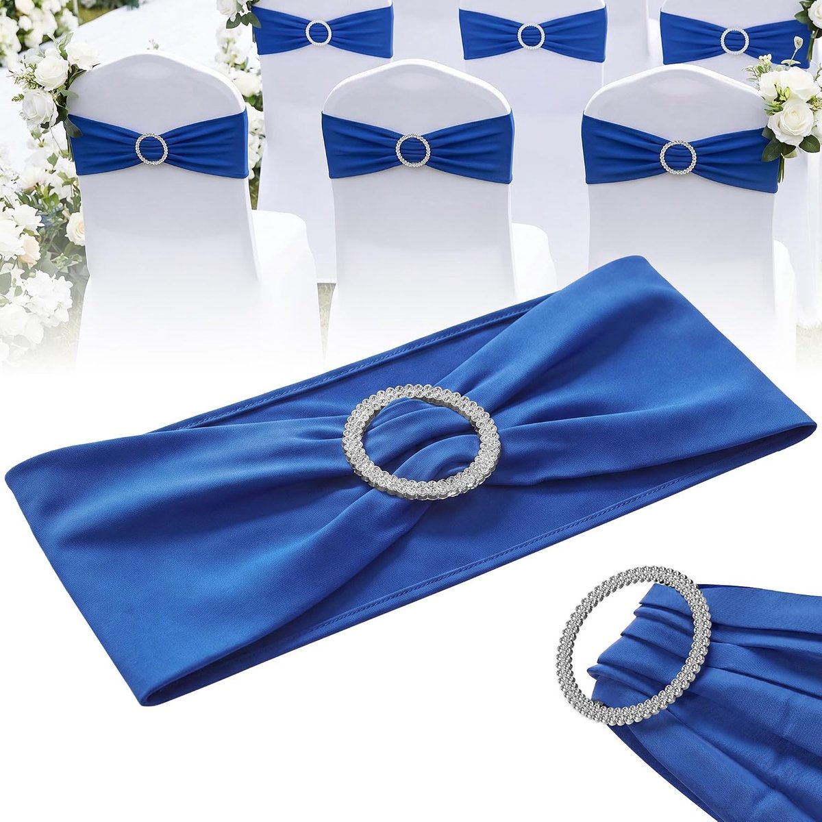 Stoelsjerpen met strik, elastisch, 100% polyester, stretch stoelband voor bruiloft, banket, feest, evenement, decoratie, stoelbanden, elegant diamantdesign, stoelstrikken, blauw, 30 stuks