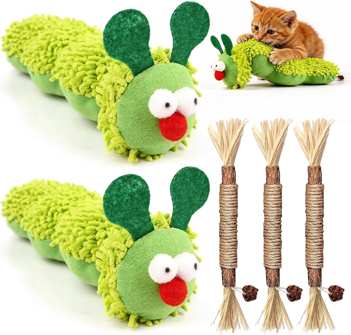 Kauwspeelgoed voor katten, interactieve pluche kat, zachte pluche rups & silvervine stokken, kattenkruid speelgoed voor binnenkatten, katten kauwspeelgoed voor tandreiniging, voor