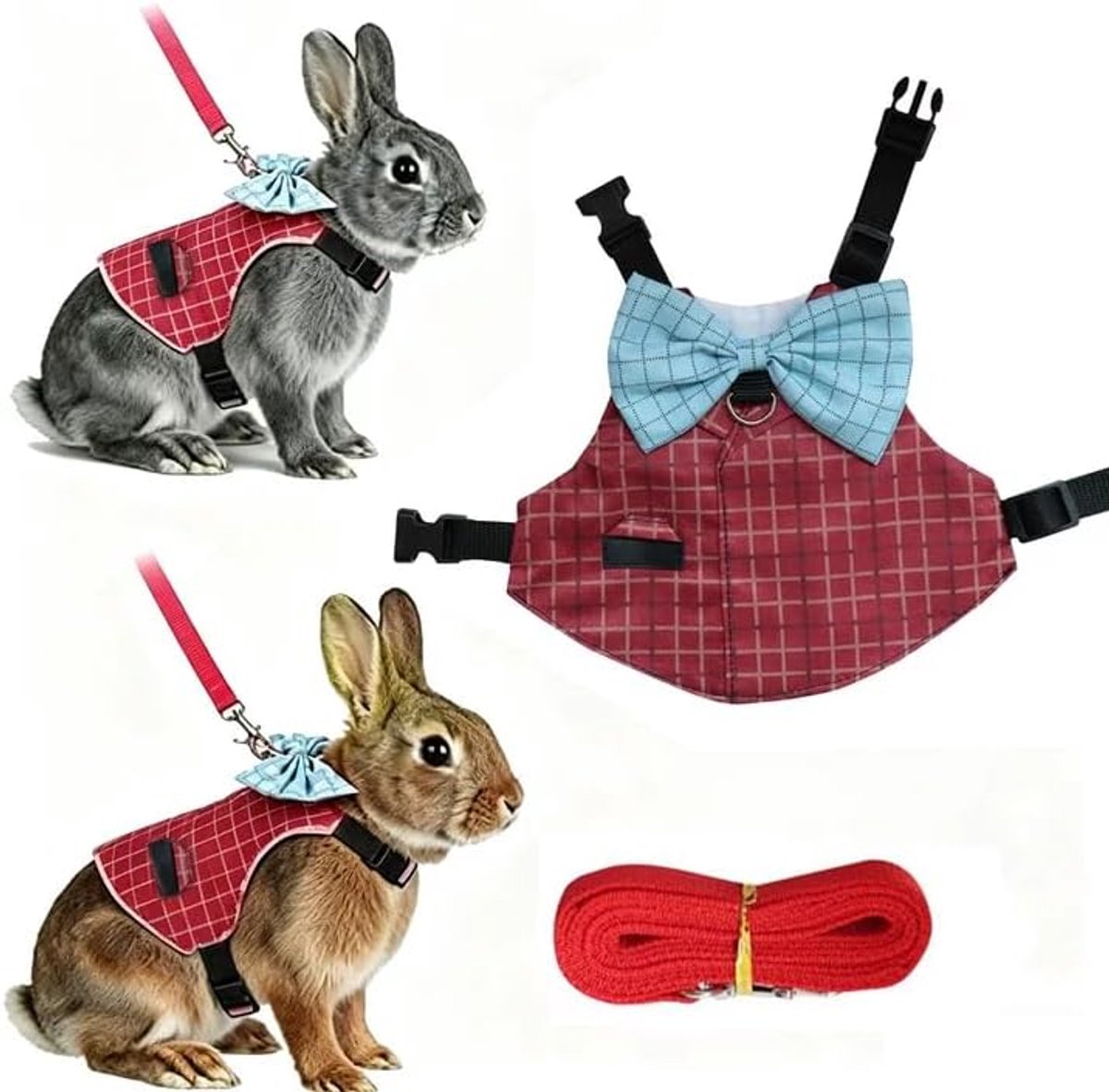 Konijnenharnas en riemset, ontsnappingsbestendig, geruit konijnenvest met vlinderdas, ademend mesh-harnas, dubbele D-ringen, verstelbare riem voor konijn, cavia, fret, wandeltraining (rood