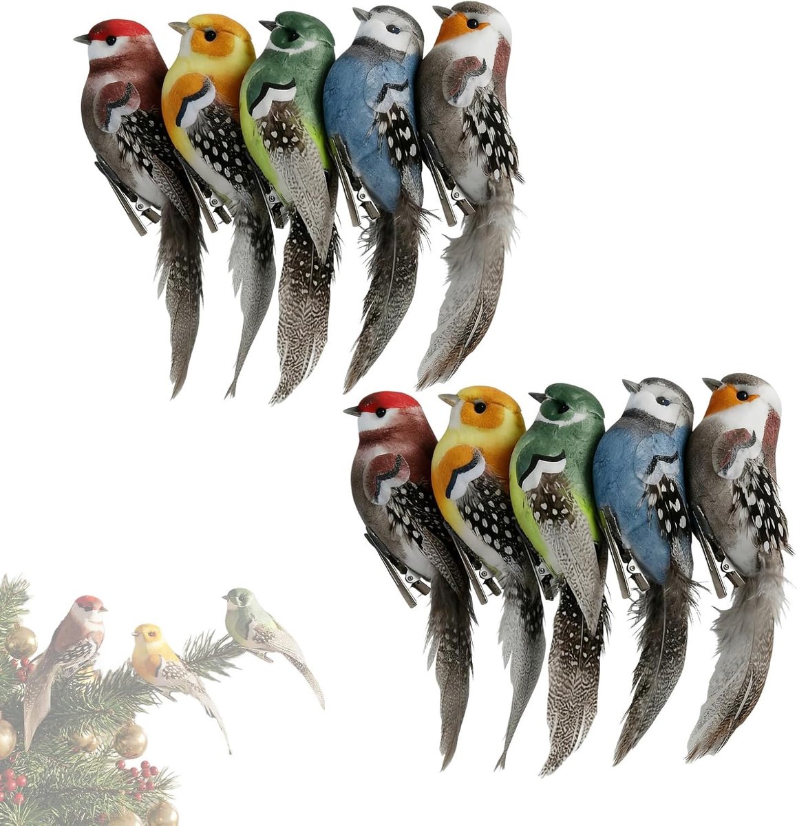 Vogels, 10 stuks mini-kunstvogels van veren met clips, kleine vogeldecoratie voor binnendecoratie, planken, vazen en speciale evenementen