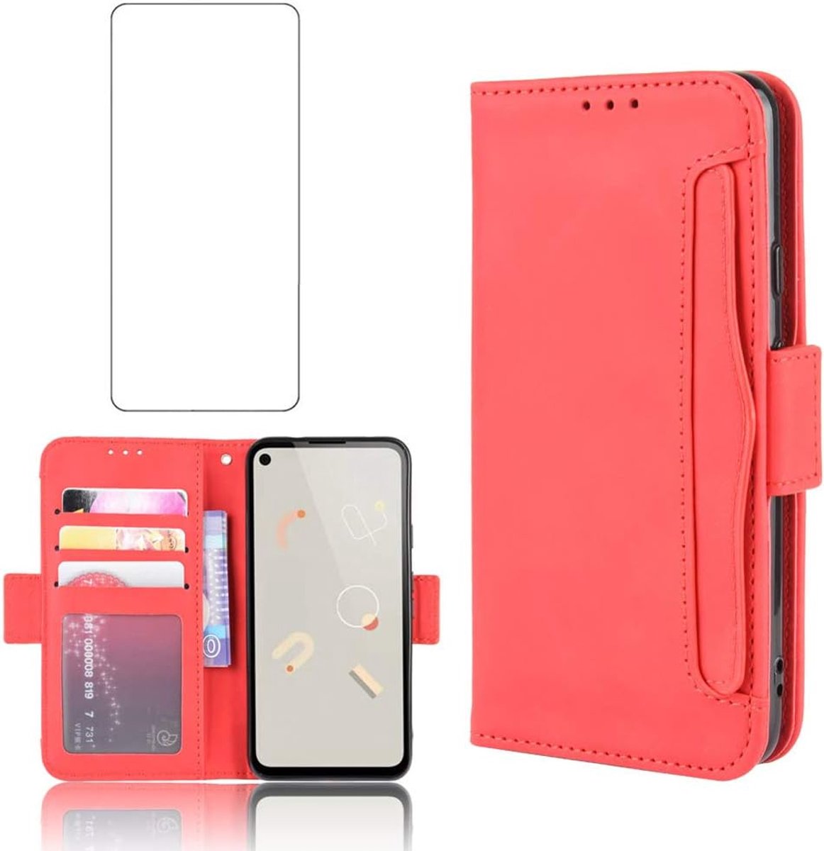 Case voor Google Pixel 4A 4G Met Gehard Glas Screen Protector Kaarthouder Slot Stand Kickstand Shockproof Beschermende Portemonnee Lederen Flip Cover Pixel4a pixel4acase 4acase cover cases Rood