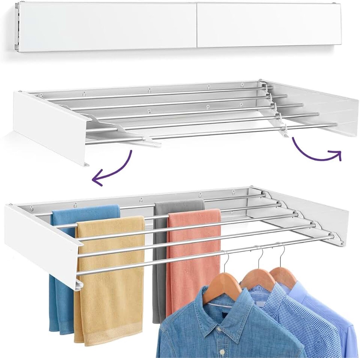 Droogrek voor aan de muur, 100 cm, roestvrij, onzichtbaar en opvouwbaar, met 5 aluminium buizen, uittrekbaar van 9,5-50 cm, installatie aan de muur, binnen of buiten, installatie