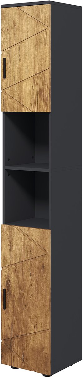 Badkamer kolomkast - 2 deuren - Verstelbare legplanken - 2 vakken - 30x30x183 cm - Donkergrijs eiken