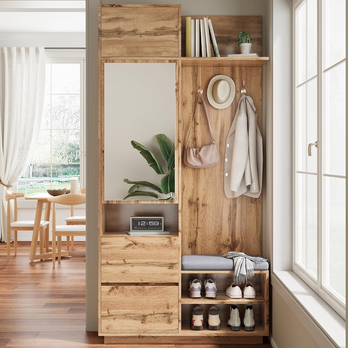 Garderobeset met zitbank en dressoir, moderne opbergcombinatie voor de hal, schoenenkast met gestoffeerde zitting, metalen poten, voor entree en slaapkamer (naturel + MDF)