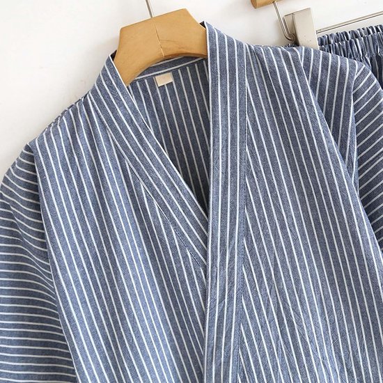 Traditionele Japanse pyjama, stijlvolle katoenen badjas kimono pyjama vrijetijdskleding voor mannen en vrouwen, blauw gestreept, Meerkleurig, M — afbeelding 2