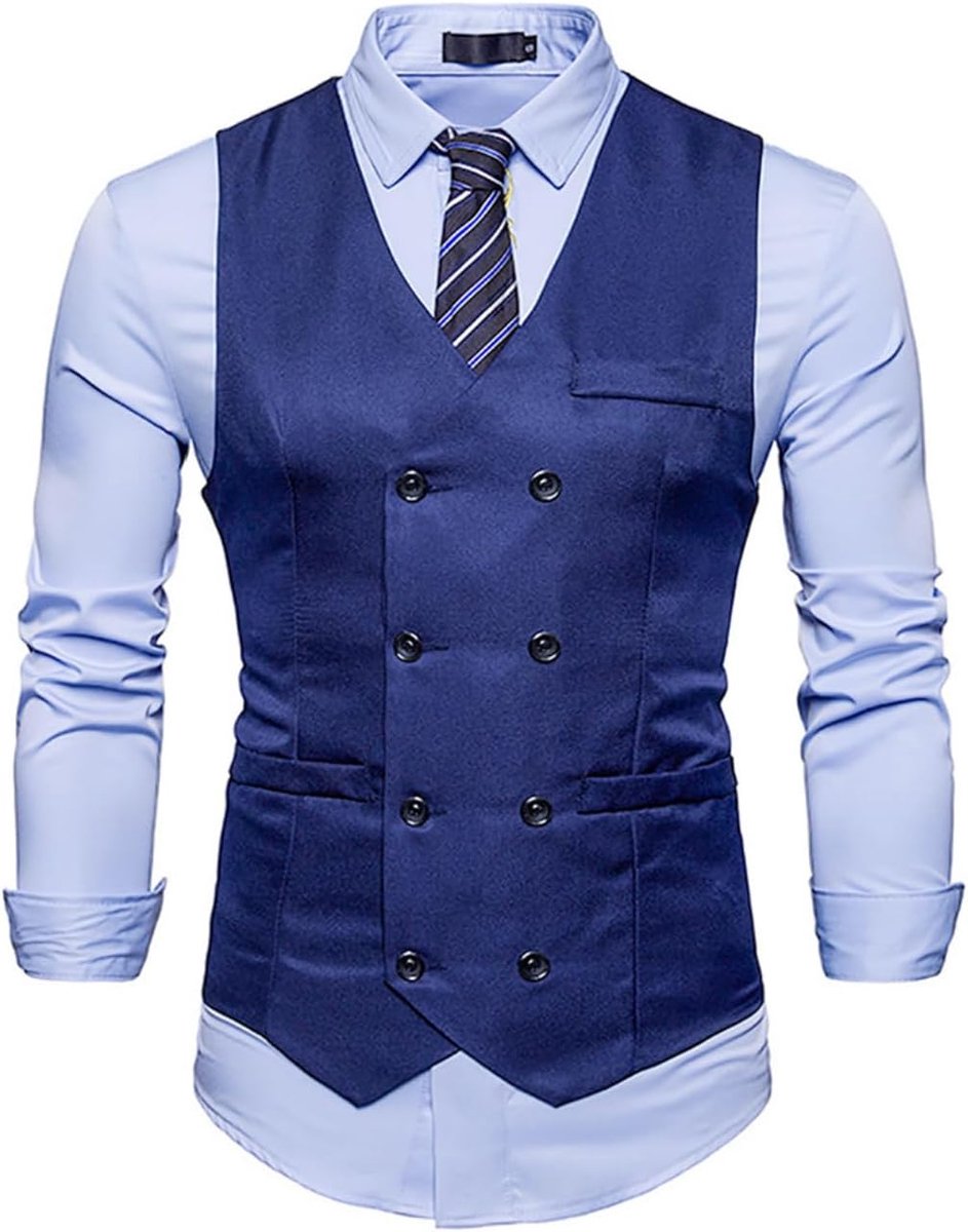 Herenvest met dubbele rij knopen, V-hals, slim fit, voor bruiloft, formeel, business, party, dagelijks gebruik