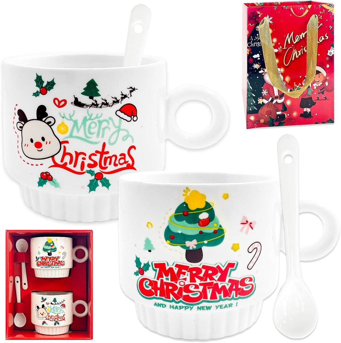 Mokken, set van 2, Merry Xmas theekopjes, grappige cadeaus, kerstdecoratie, set van 2 kopjes, bekerset, kerstkopjes, eland + kerstboompatroon, kerstmok, 260 ml