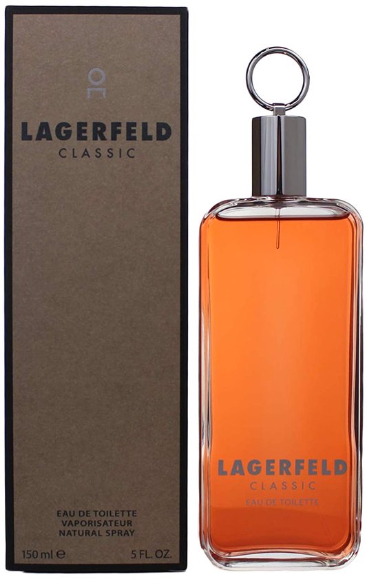 Lagerfeld Classic Eau de Toilette, 150 ml, in een glazen fles met oranje vloeistof en een zilveren dop.