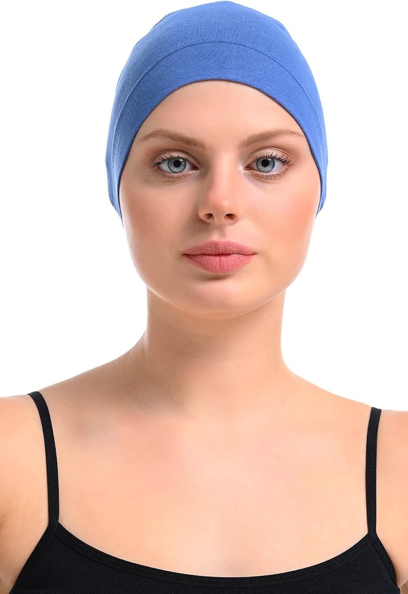 Bamboe en katoenen pet voor chemo, haaruitval, slaapmuts, Blauw, Eén Maat