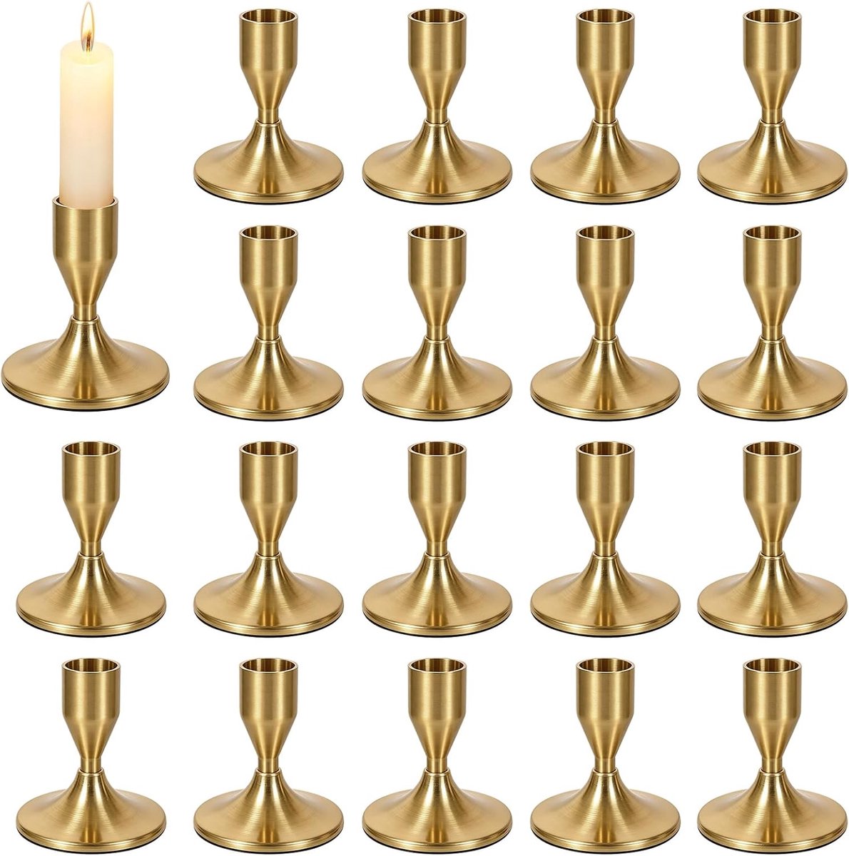 18 stuks goudkleurige kandelaars van metaal, kandelaar (Ø 2,2 cm), hoogte 9,5 cm, kandelaars van messing, gouden kandelaar kandelaar, gouden retro kaarsenhouder voor tafeldecoratie, bruiloften, binnen