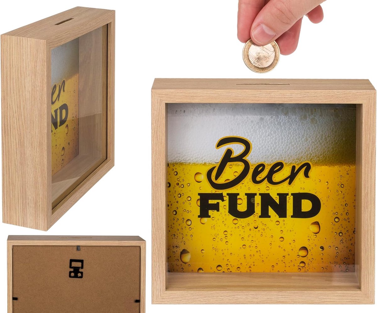 spaarpot, biervondje, in frame, ca. 20 x 20 cm