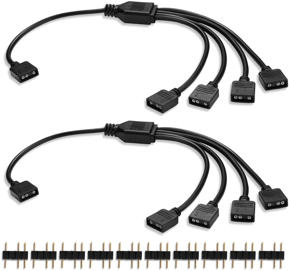Splitte ARGB Hub uitbreidingskabel, 5 V 3-pins 1-4 splitterkabel ventilator verlengkabel, RGB-aansluiting, verlengkabel voor moederborden voor ventilatorverlichtingsaansluiting (2 stuks)