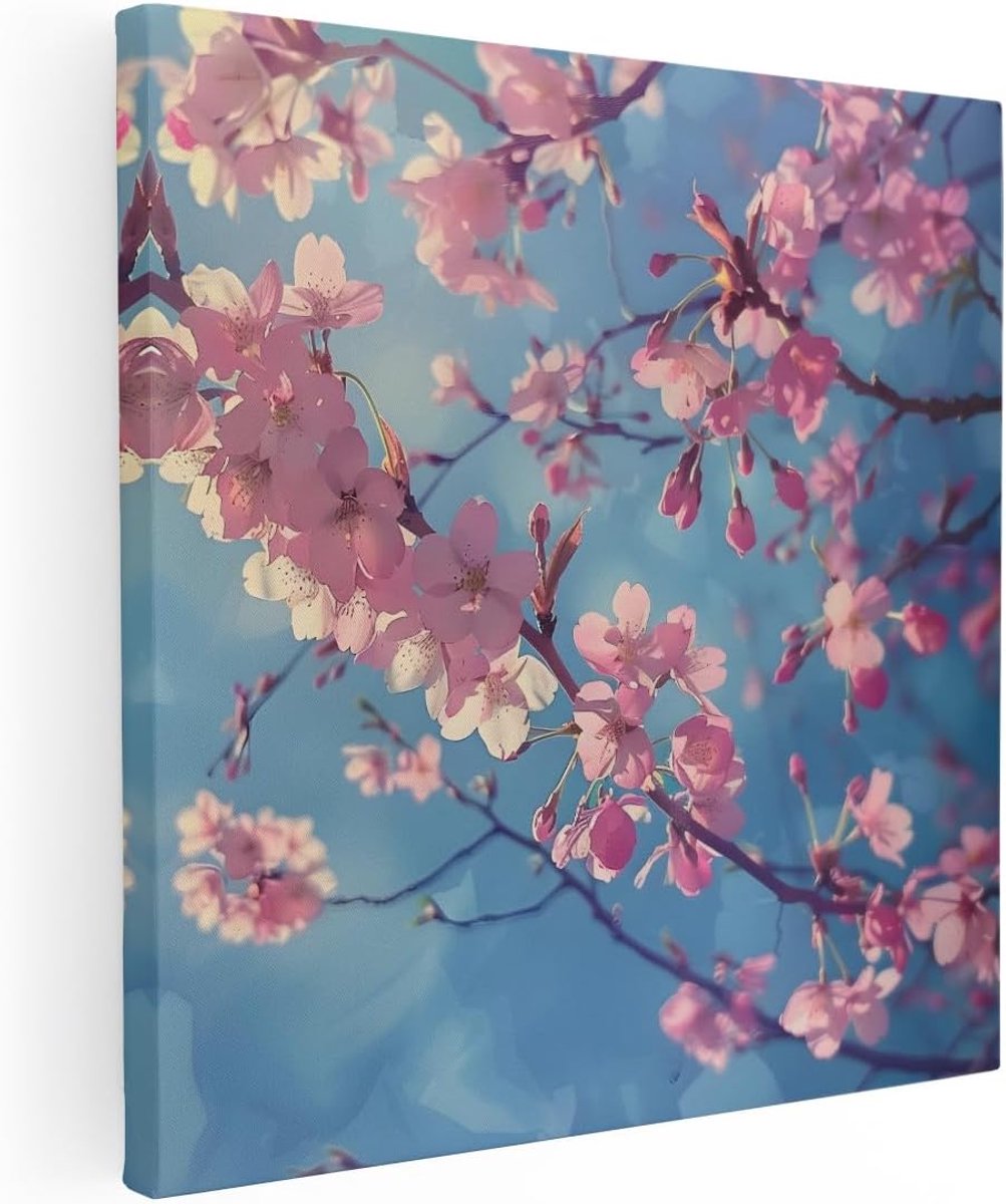 Canvas Schilderij Kersenbloesem - 90x90 cm - Groot - Wanddecoratie Bloemen - Muurdecoratie Japandi - Decoratie Natuur - Roze