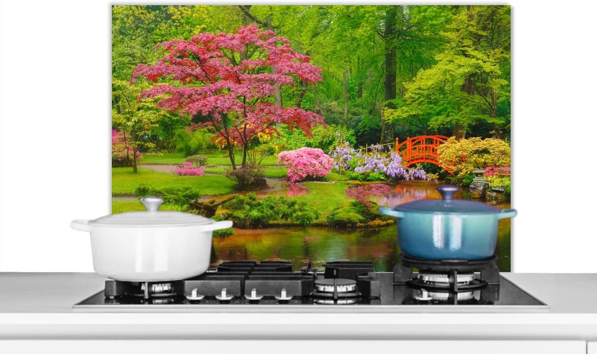 Spatscherm Keuken - 90x60 cm - Brug - Japans - Botanisch - Bomen - Bloemen