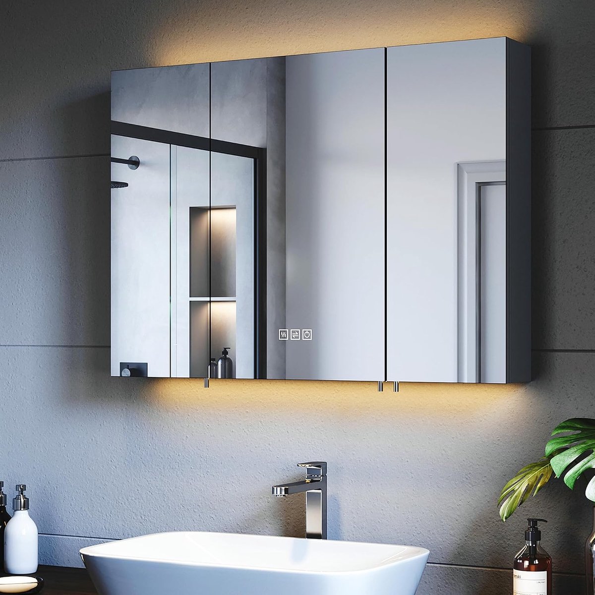 Spiegelkast, 900 x 650 mm, met verlichting, led-badkamerspiegelkast, 3 kleurtemperaturen, dimbaar, anti-condens, stopcontact en touch, zwart, slimme spiegelkast