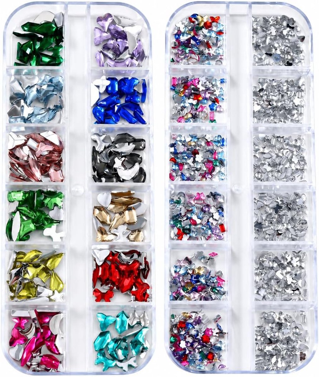 Strass voor nagels met platte achterkant, doe-het-zelf set met 2 kleurrijke dozen met klem, kunsthars, verschillende maten, voor nail art en creatie