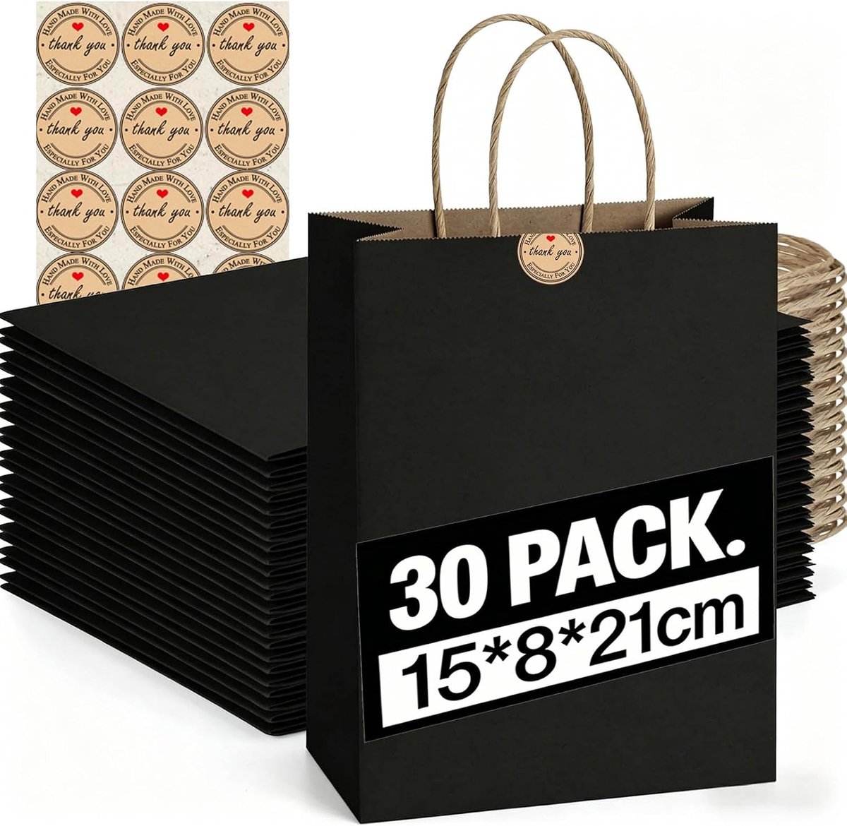 30 stuks kleine papieren zakken met handvatten, papieren geschenkzakken (21x15x8cm), 130GMS dikkere kraftzakken Party Favor Winkelen inclusief labels voor Favor Verjaardagsfeest Bruiloft Winkelen
