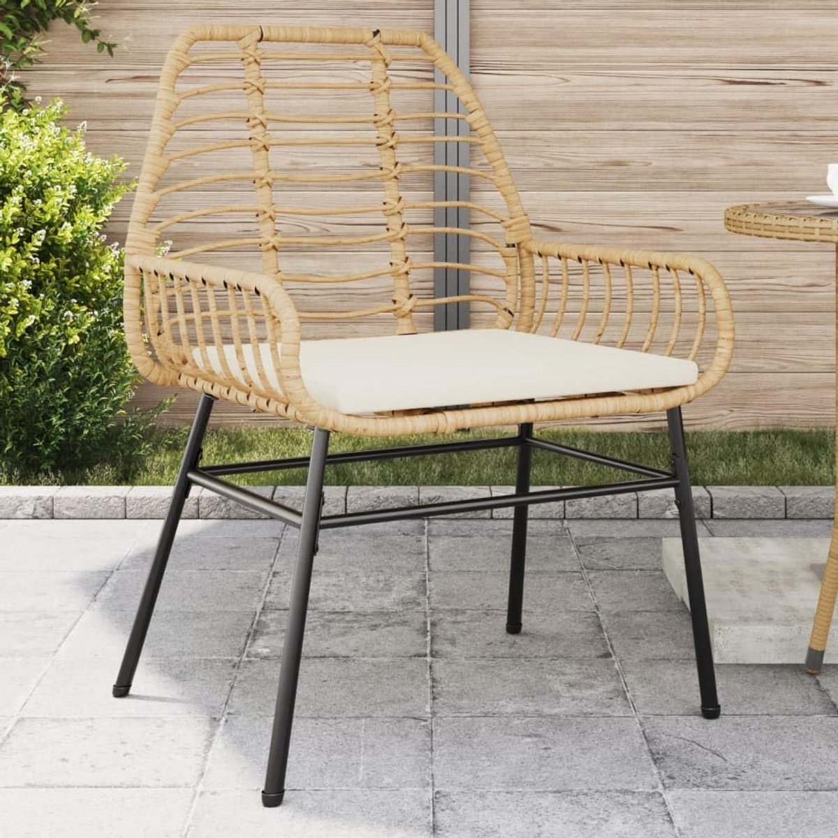 Set van 2 tuinstoelen met kussens, bruin PE-rotan, comfortabele zitting met rugleuning en armleuningen, gepoedercoat stalen frame, maximale belastbaarheid 110 kg