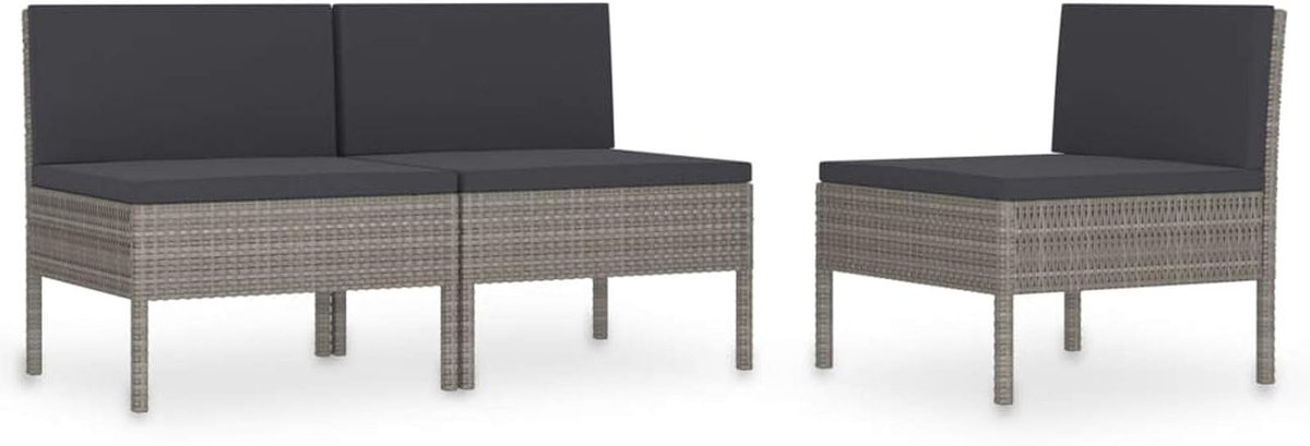 Tuinstoelen 3 stuks met kussens in het midden, rotan, kunststof, grijs