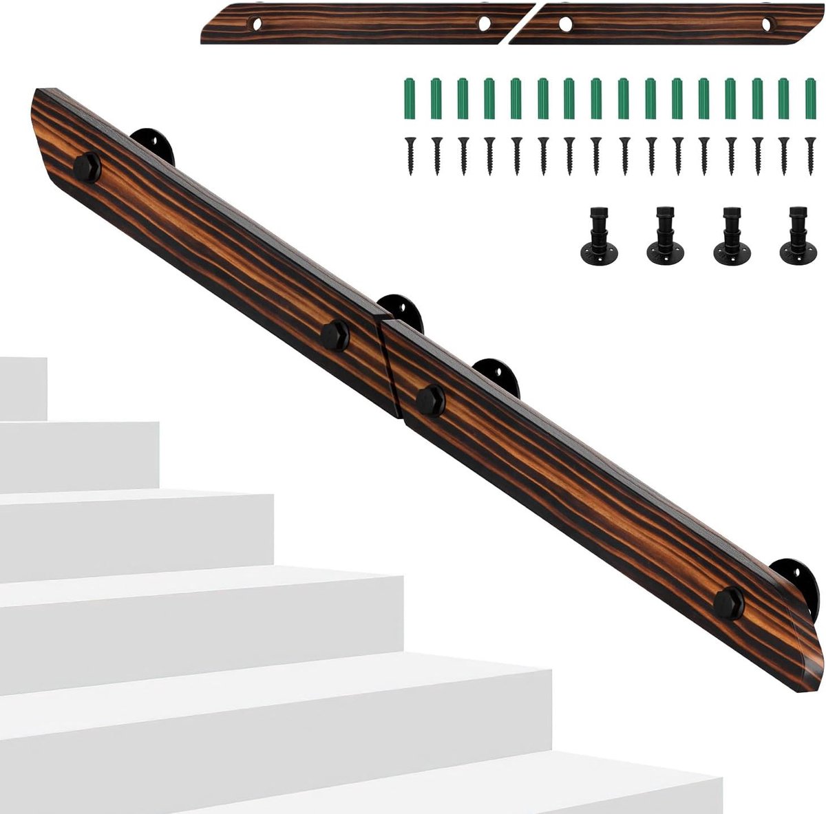 Grenenhout, 120 cm, trapleuning, hout, antislip houten leuning met wandhouders, montagemateriaal, reling voor trappen balkon, bruin