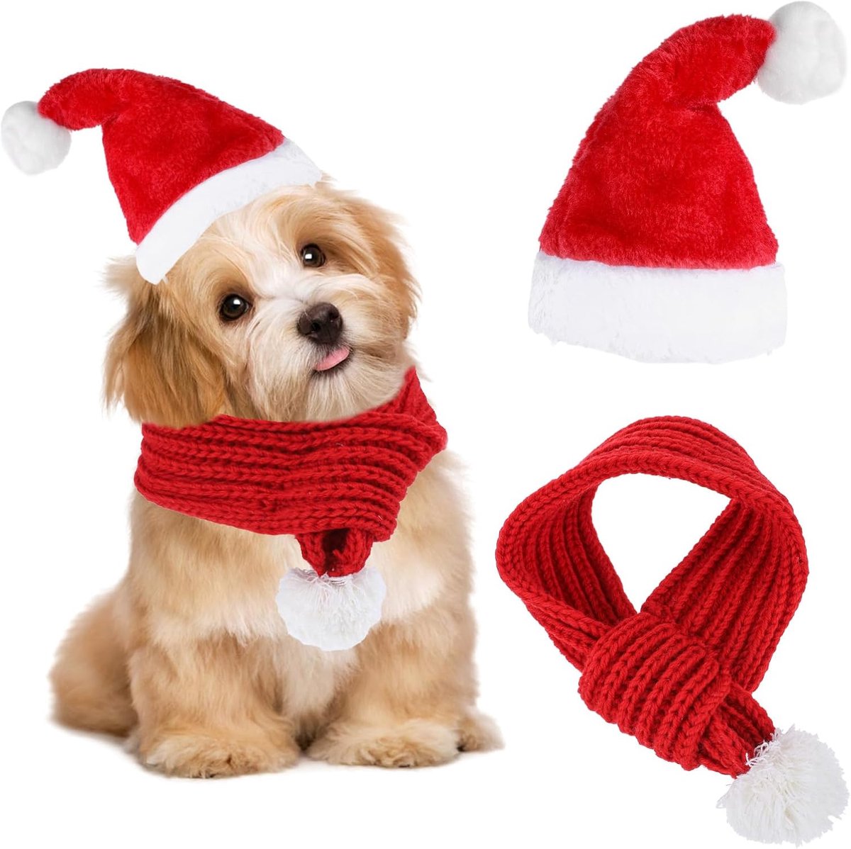 1 set kerstkostuum voor katten en honden, kerstmanmuts en sjaal