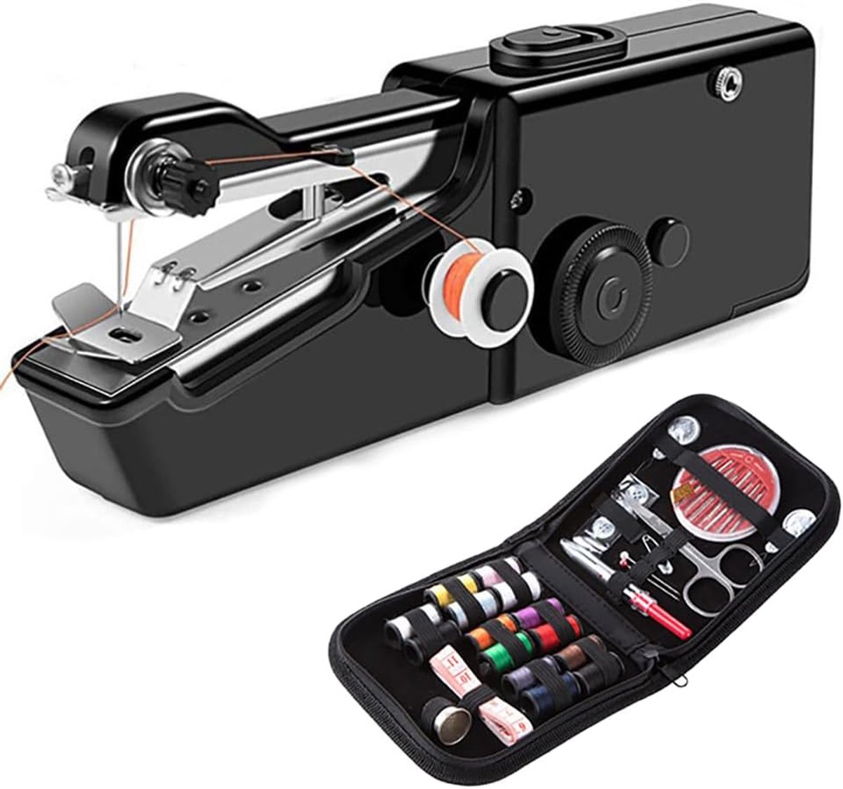 Draagbare naaimachine, mini-naaiaccessoires, naaldinrijger, naainaalden, naainaalden, handnaaien, complete set voor snelle reparaties, thuisgebruik (zwart)