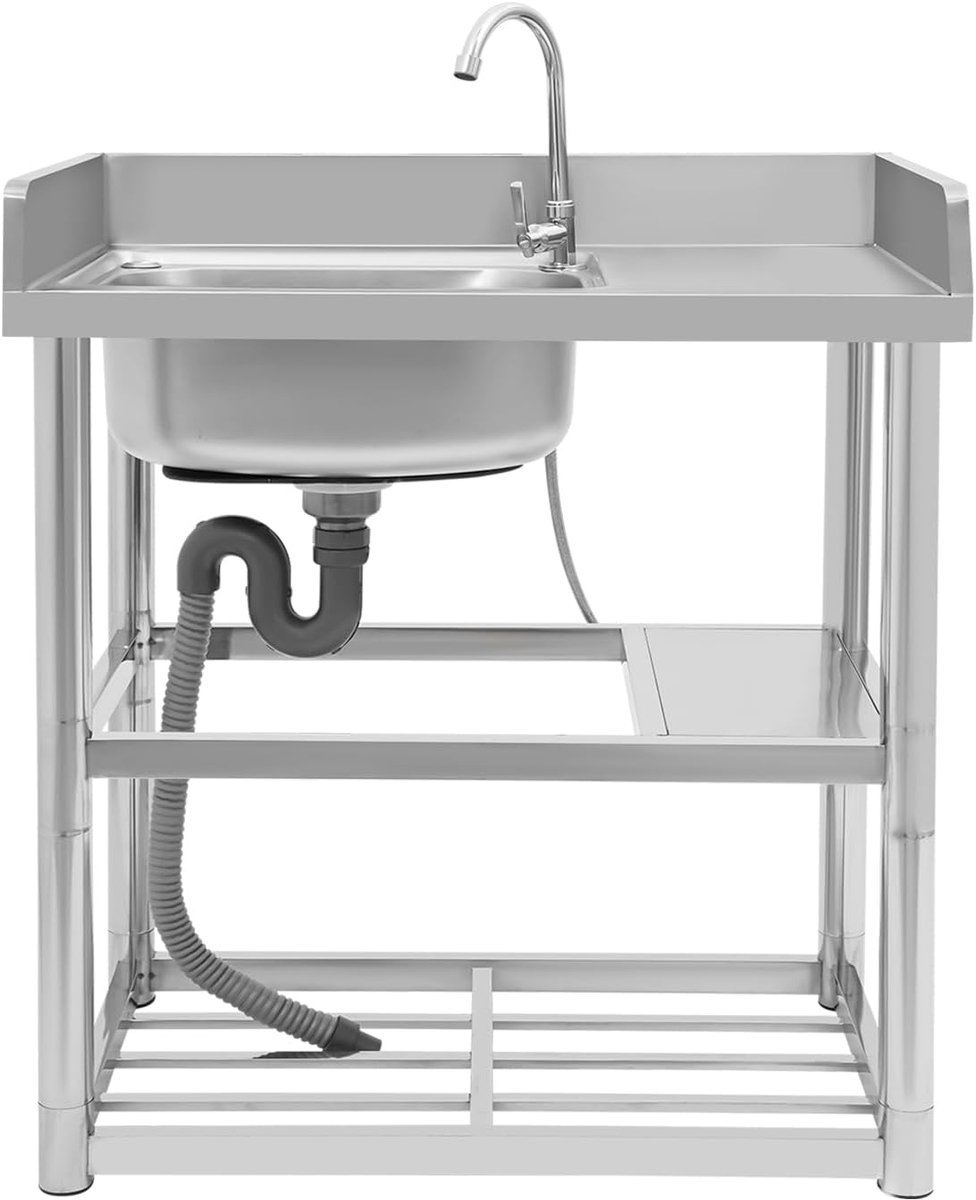 Roestvrijstalen spoelbak 80 x 50 x 80 cm, commerciële spoelbak met 100 kg belastbaar, 360 graden draaibare kraan en messenrek, enkele wastafel voor horeca, huishouden en commercieel