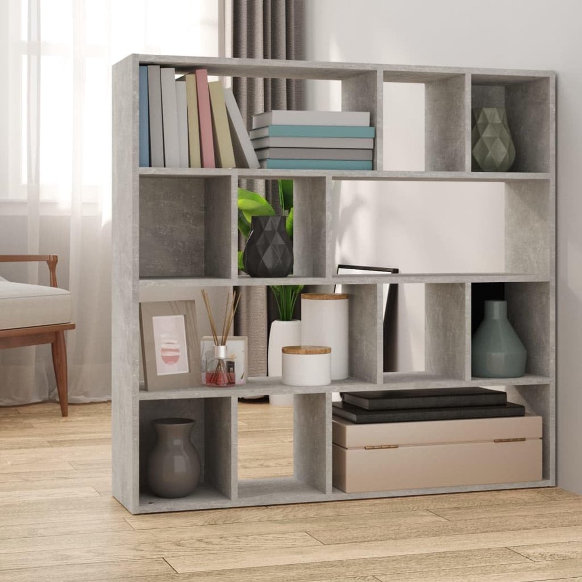 Houten boekenkast, moderne opberg- en boekenkast met veel opbergruimte, stabiel en veelzijdig, voor woonkamer, kantoor en slaapkamer (Concretegrey)