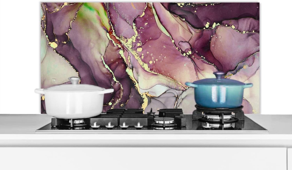 Spatscherm Keuken - 100x50 cm - Marmer - Rood - Paars - Goud