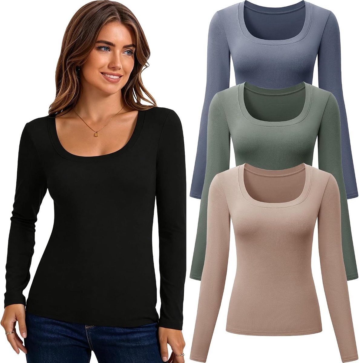 3-pack damesshirts met lange mouwen en ronde hals