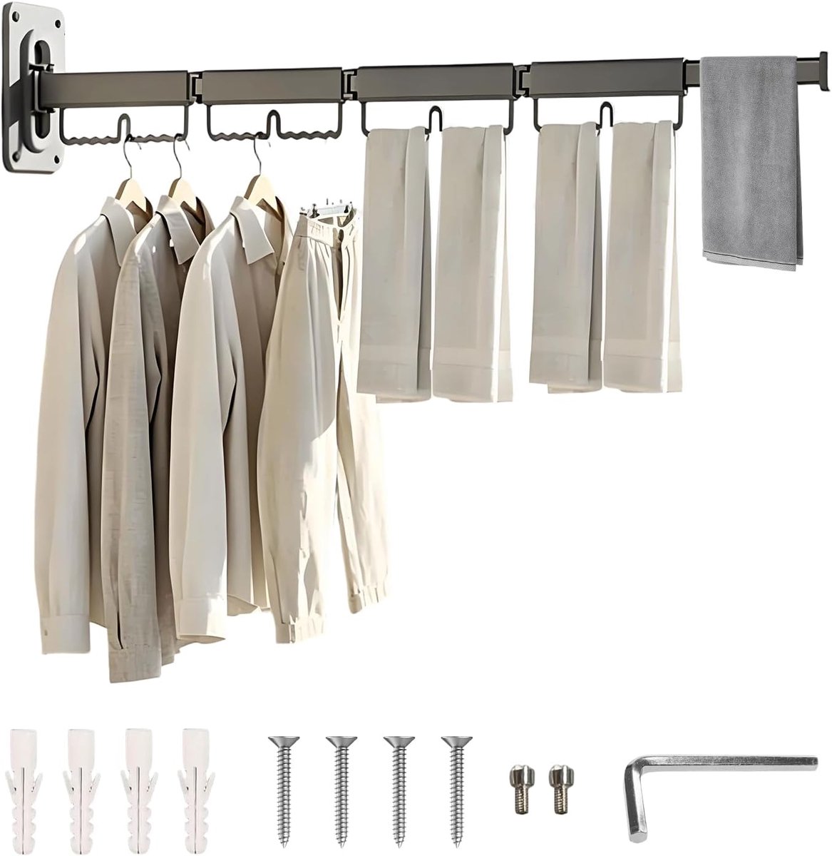 wandinklapbaar, van aluminium, uittrekbaar, 3/4/5-voudig (125-194 cm), ruimtebesparend wandwasrek voor wandmontage, voor balkon, badkamer en wasruimte, met golfprofiel (grijs, 4