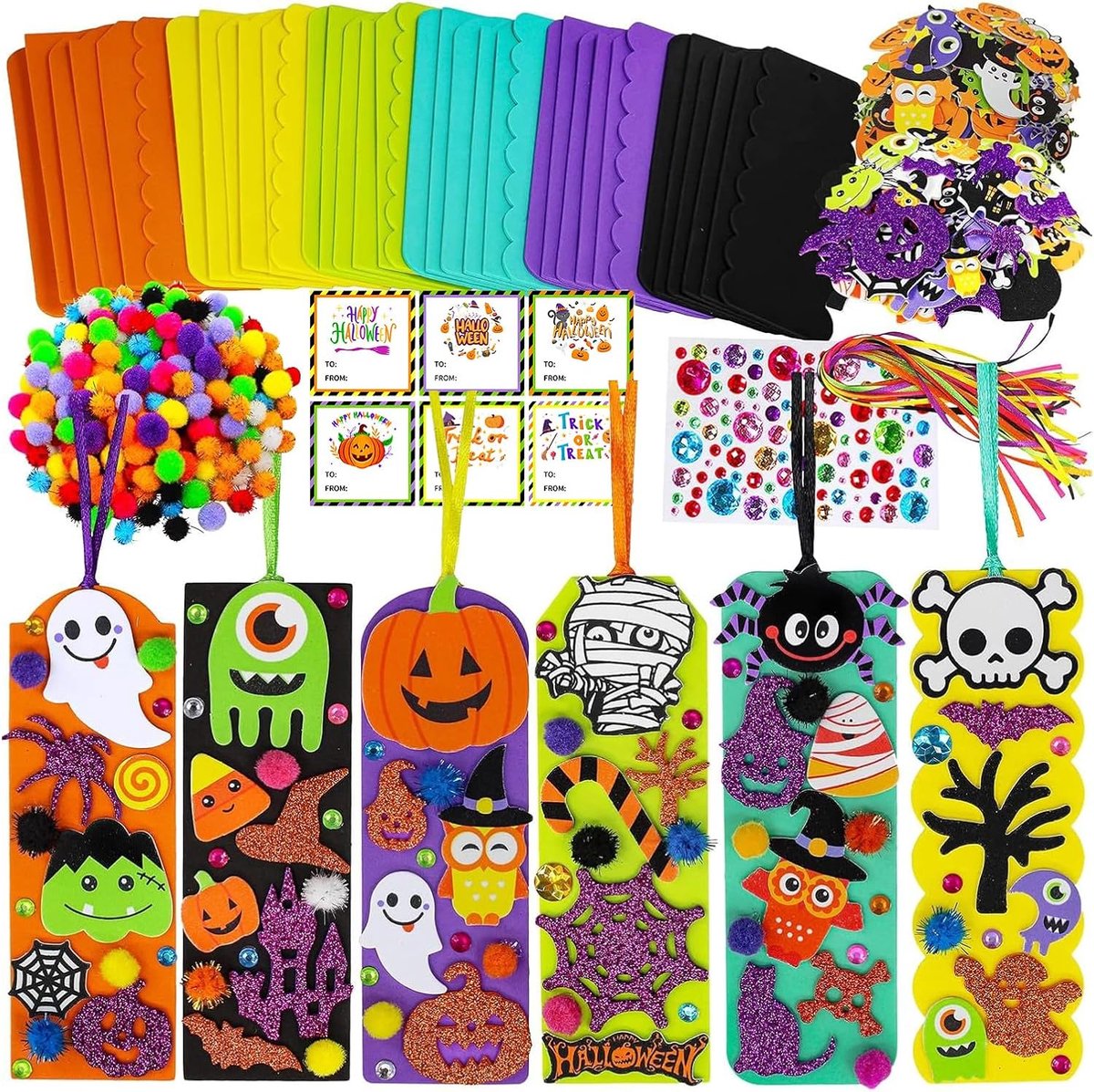 36 stuks Halloween DIY bladwijzers knutselen met linten, stickers, wol bollen voor studenten, leraren, boekenliefhebbers, Halloween, party, jongens en meisjes